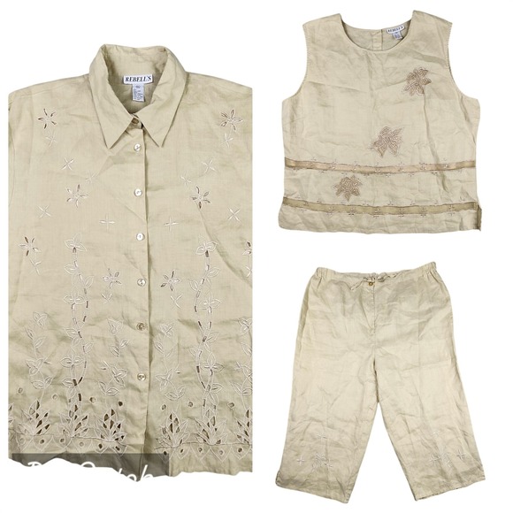 REBELL'S Pants - Linen 3 Pc Set Floral Eyelet Jacket Shell Pant Womens 5XL Tan Lagenlook Boho VTG